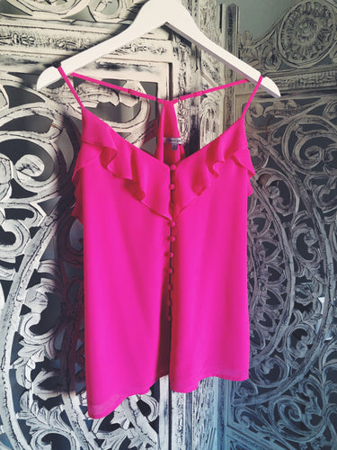 BUTTON DOWN RUFFLE TOP - HOT PINK